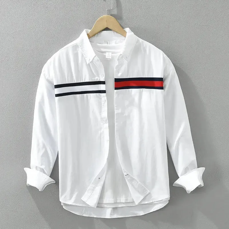 2024 Spring New White Patchwork Shirt for Men Cotton Loose Long Sleeve Shirts Fashion Men's Clothing