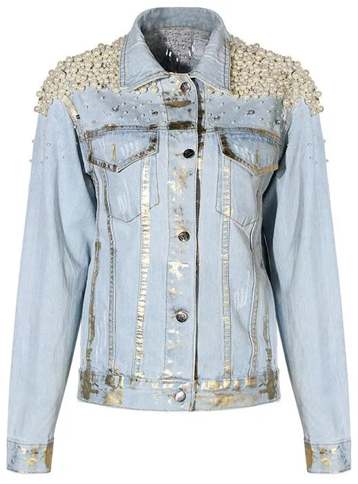 Bead-Embellished Metallic Patch Denim Jacket *Low Stock*