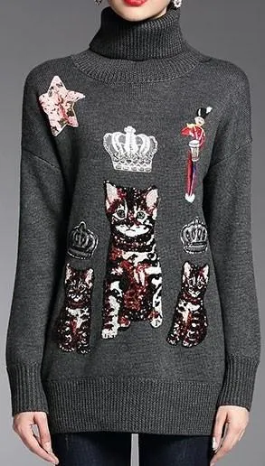 Bengal Kitten Embroidered Jumper Sweater-Grey