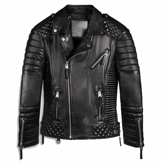 Black Biker Leather Jacket For Men Quilted Style