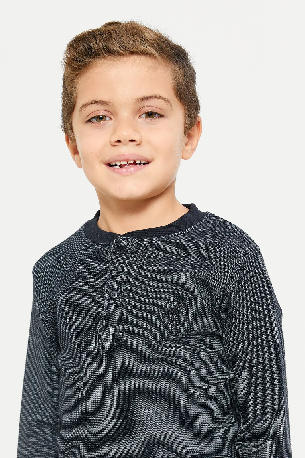 Boys Black Waffle Fabric Long Sleeve Henley Tee