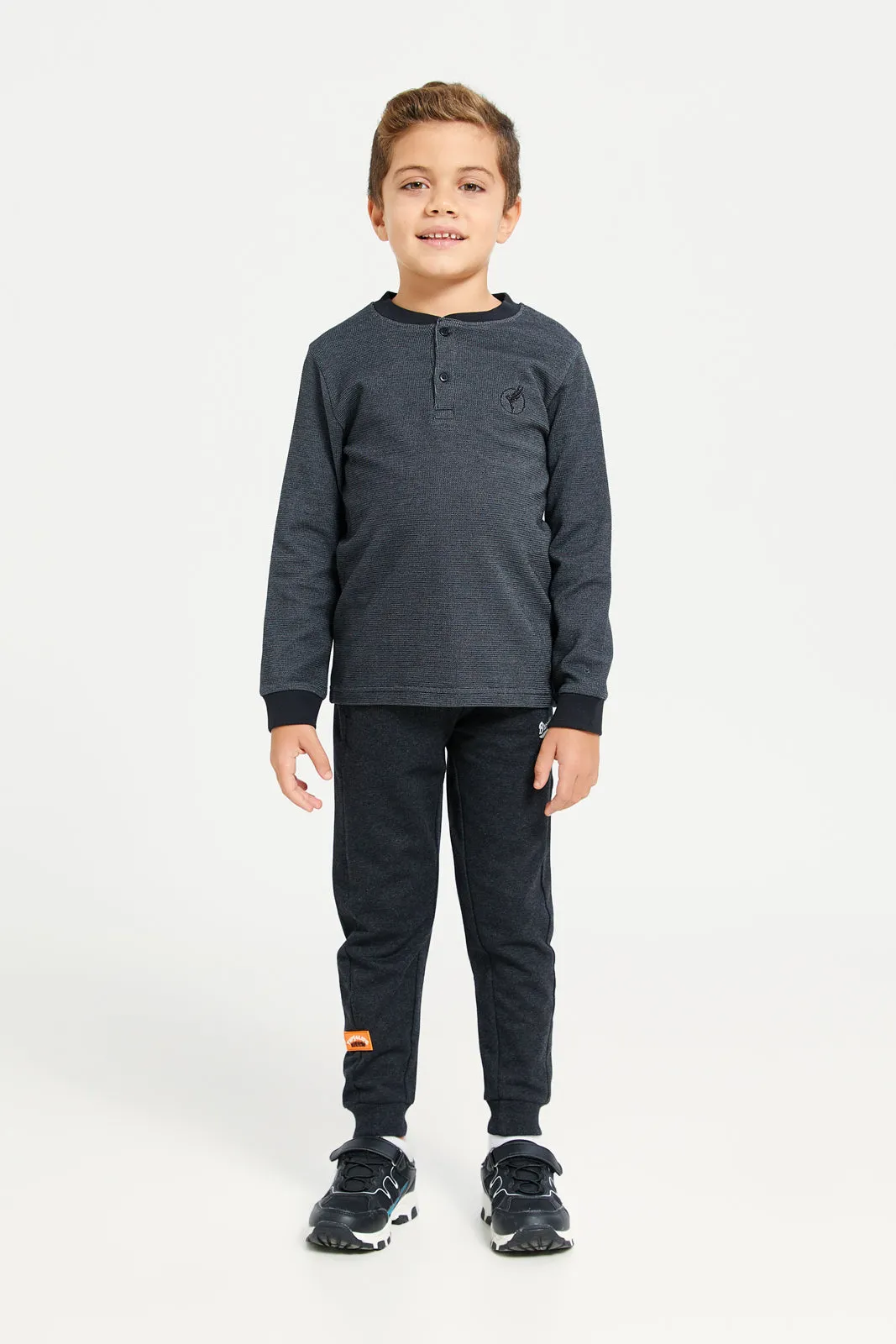 Boys Black Waffle Fabric Long Sleeve Henley Tee