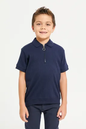 Boys Navy Plain Zip Placket Polo T-Shirt