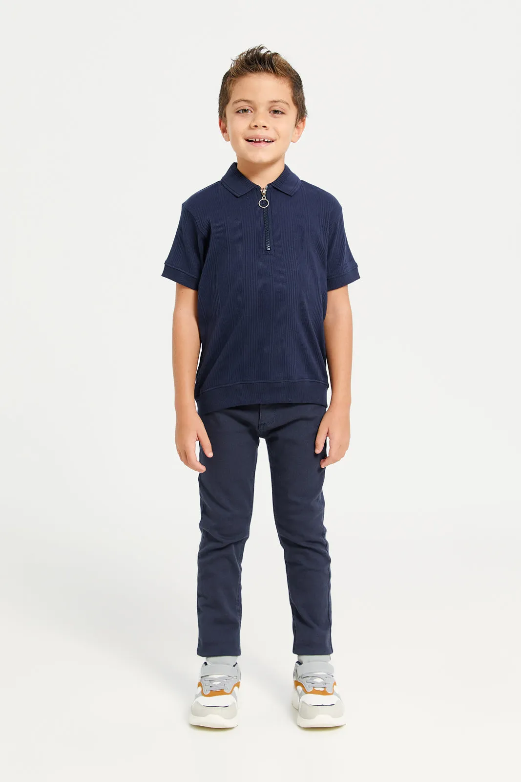 Boys Navy Plain Zip Placket Polo T-Shirt