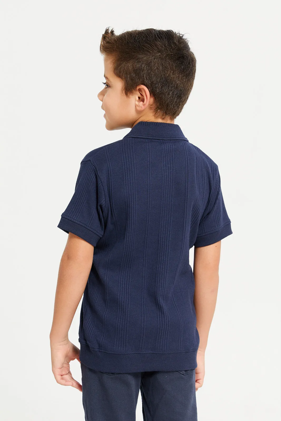 Boys Navy Plain Zip Placket Polo T-Shirt