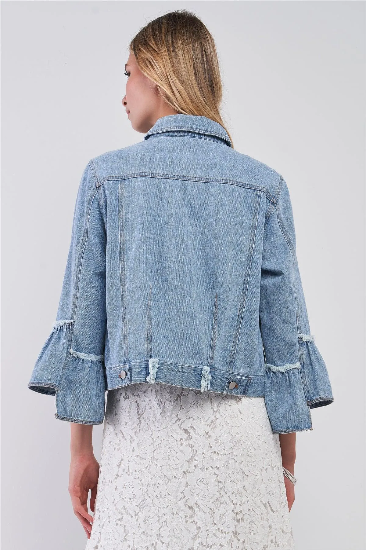 Button Up Ruffle Sleeve Detail Denim Jacket