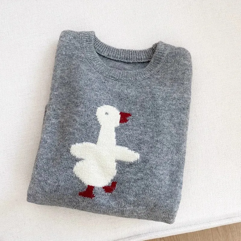 cartoon duck jacquard round neck soft long-sleeved knitted sweater     S4692