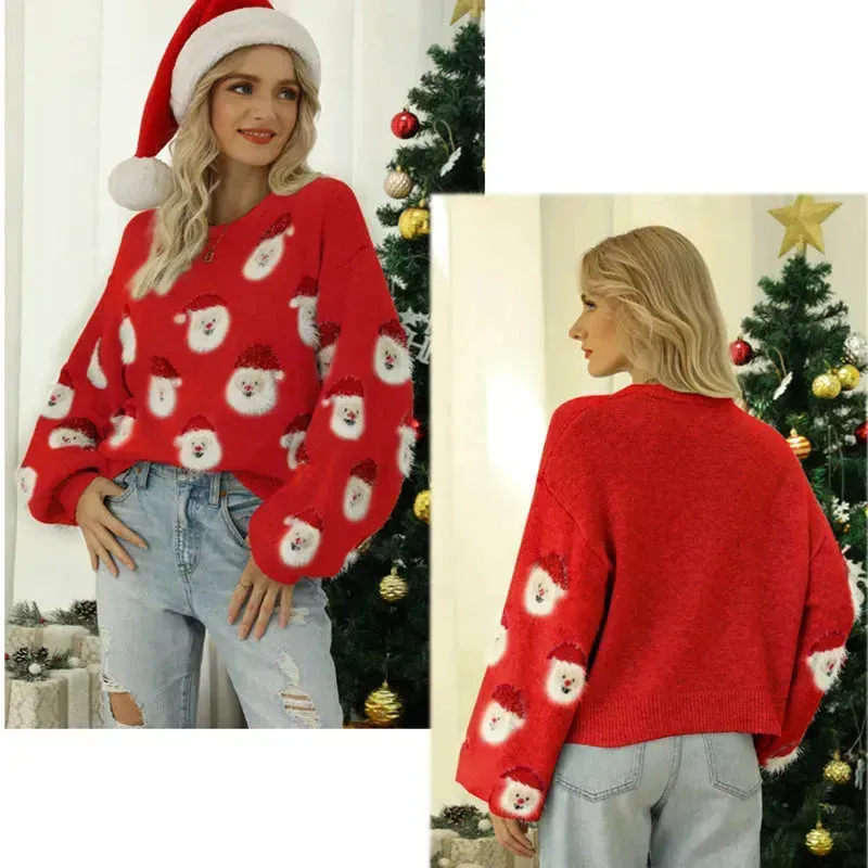 Christmas Sweater Women Cute Cartoon Santa Print Knit Sweater Winter Tops