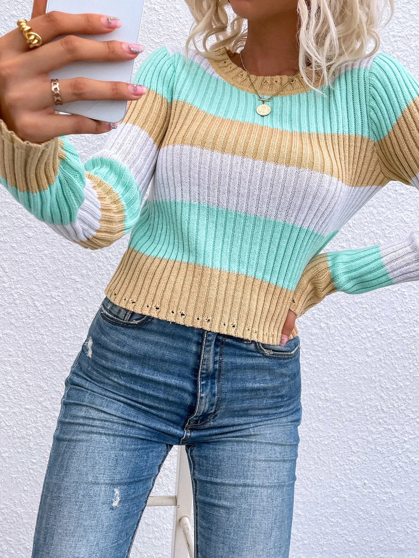 Colorful Striped Knitted Crew Neck Sweater XMMYWU0585HU