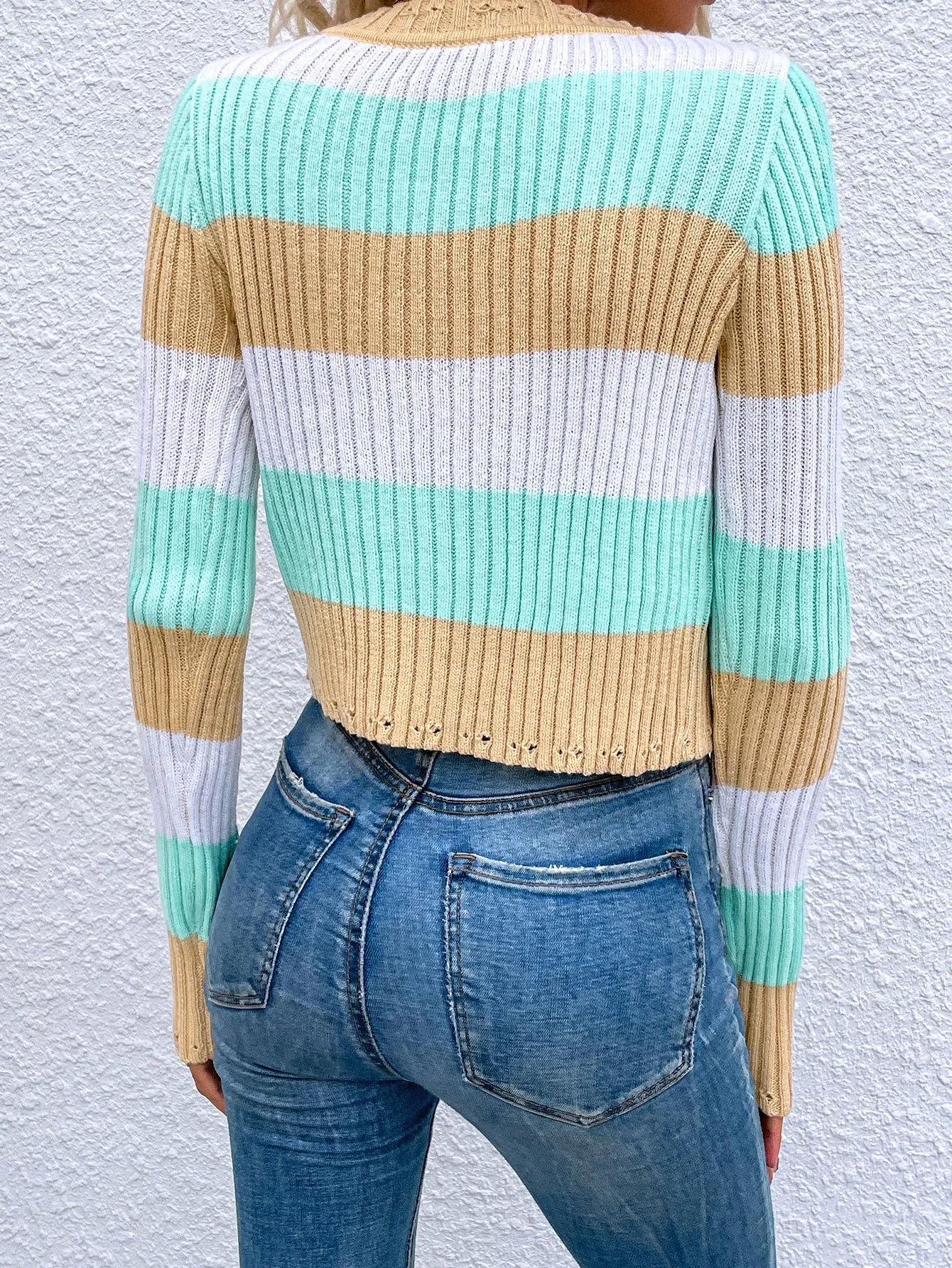 Colorful Striped Knitted Crew Neck Sweater XMMYWU0585HU