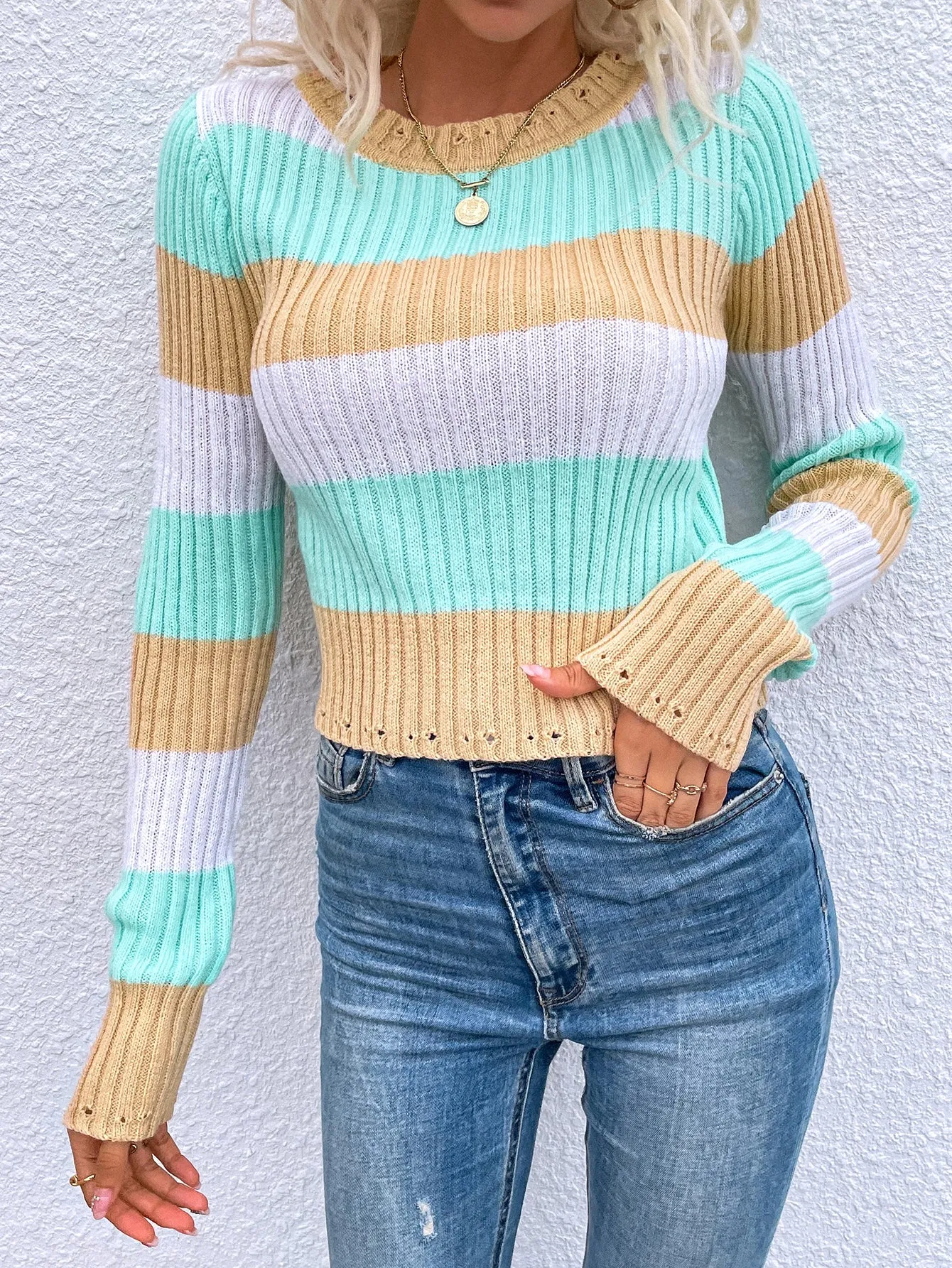 Colorful Striped Knitted Crew Neck Sweater XMMYWU0585HU