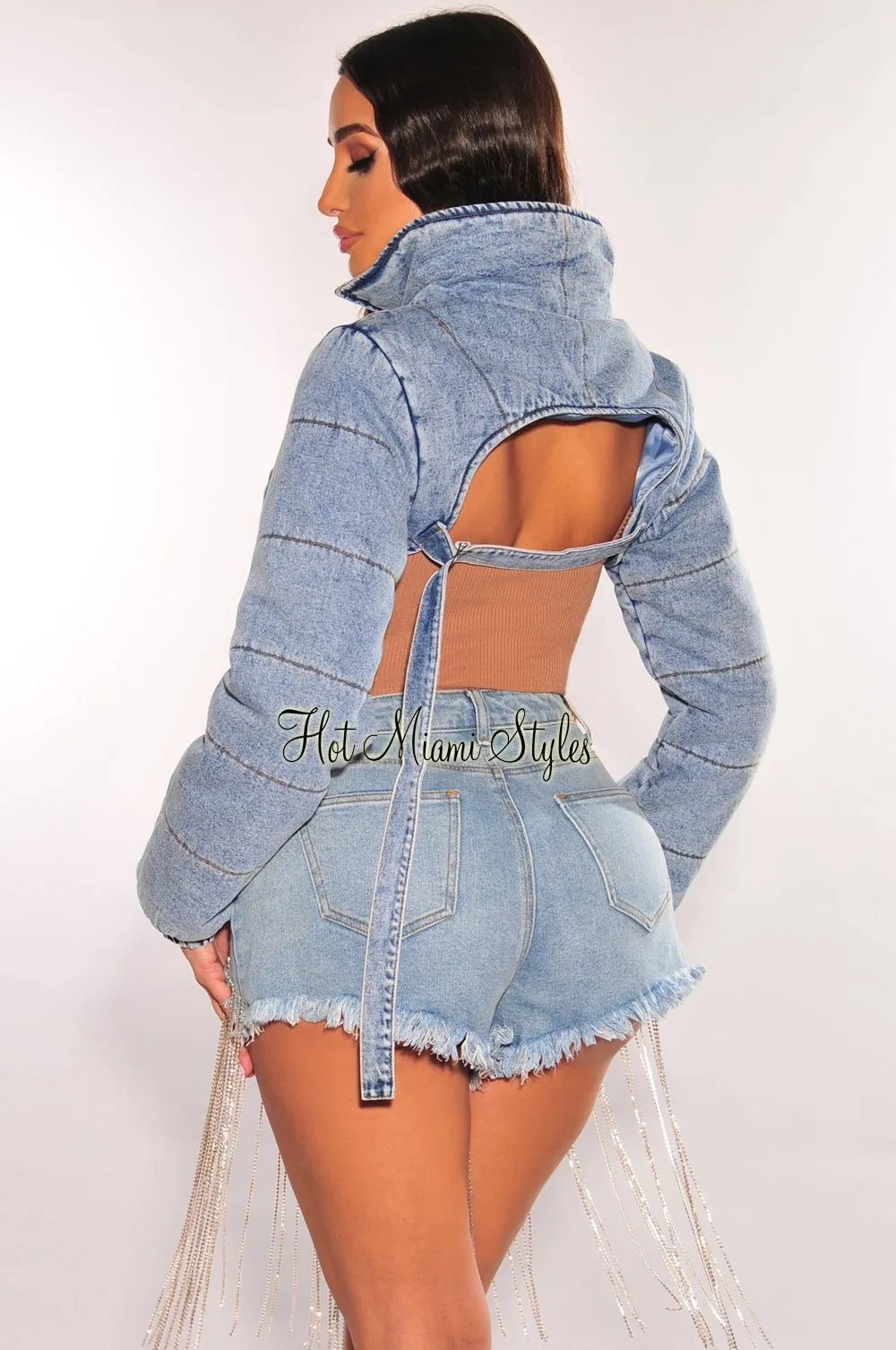 Denim Collared Zipper Puffer Shrug Jacket