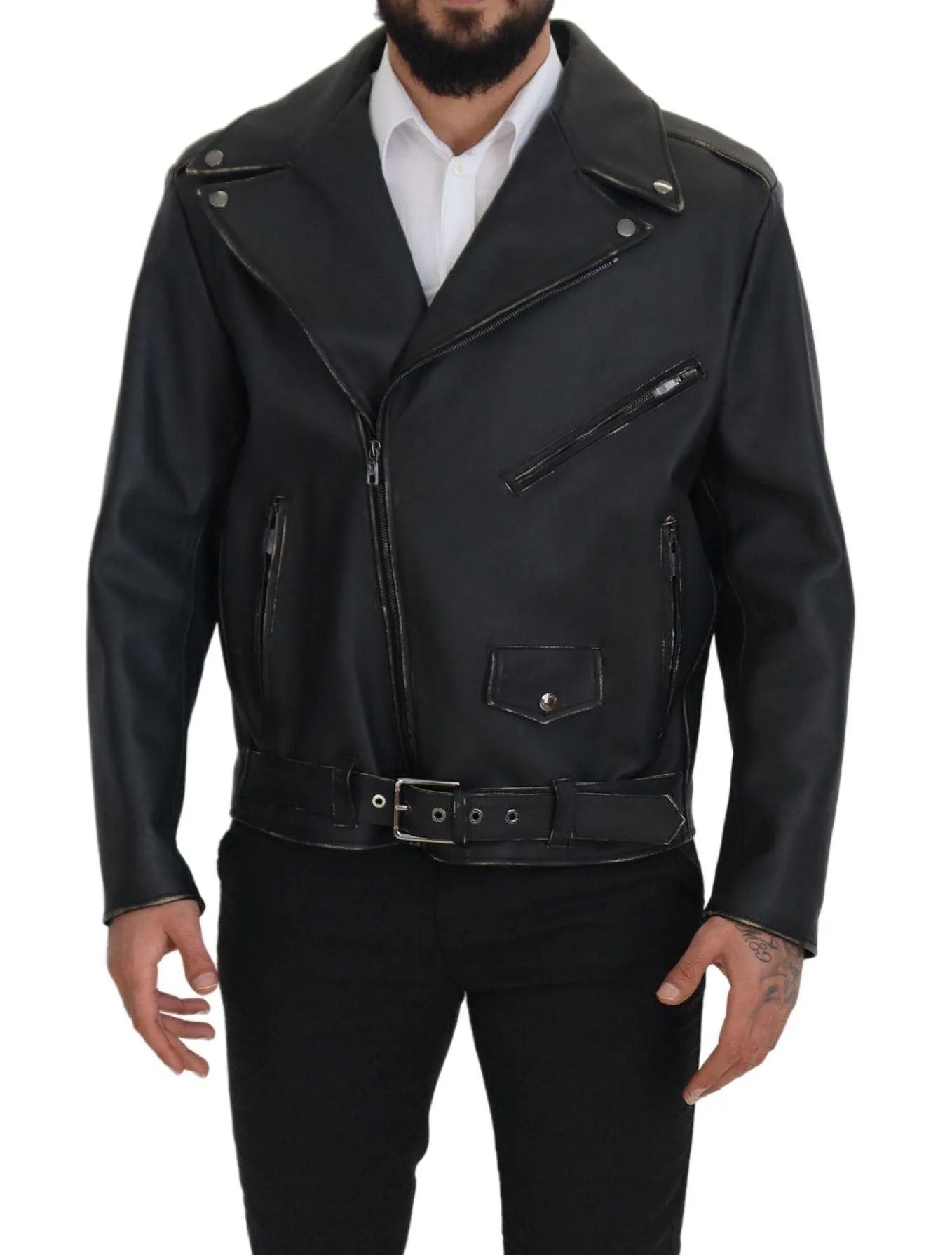 Dolce & Gabbana Black Leather Biker Coat Zipper Jacket