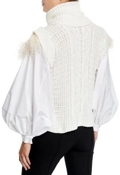 Feather Trim Puff-Sleeve Turtleneck Sweater