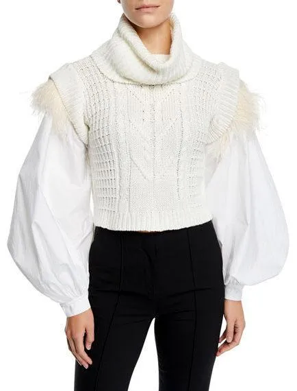 Feather Trim Puff-Sleeve Turtleneck Sweater