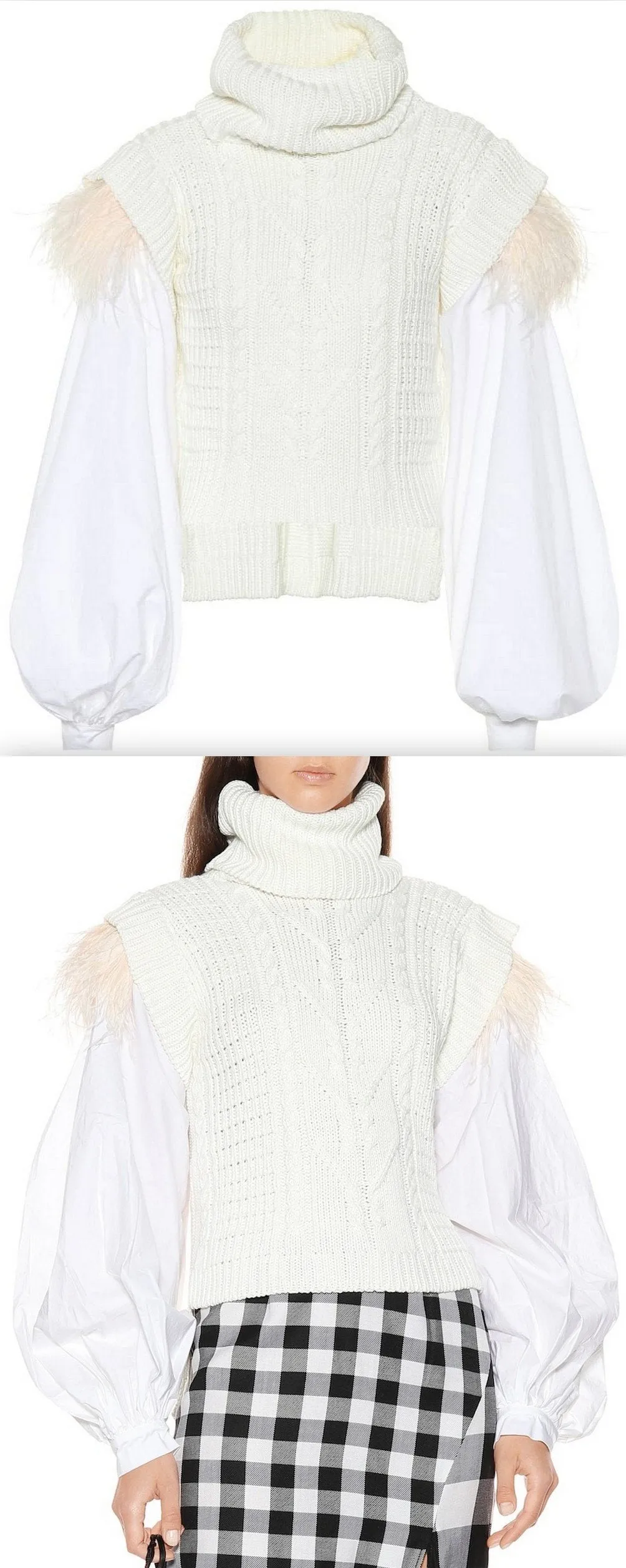 Feather Trim Puff-Sleeve Turtleneck Sweater