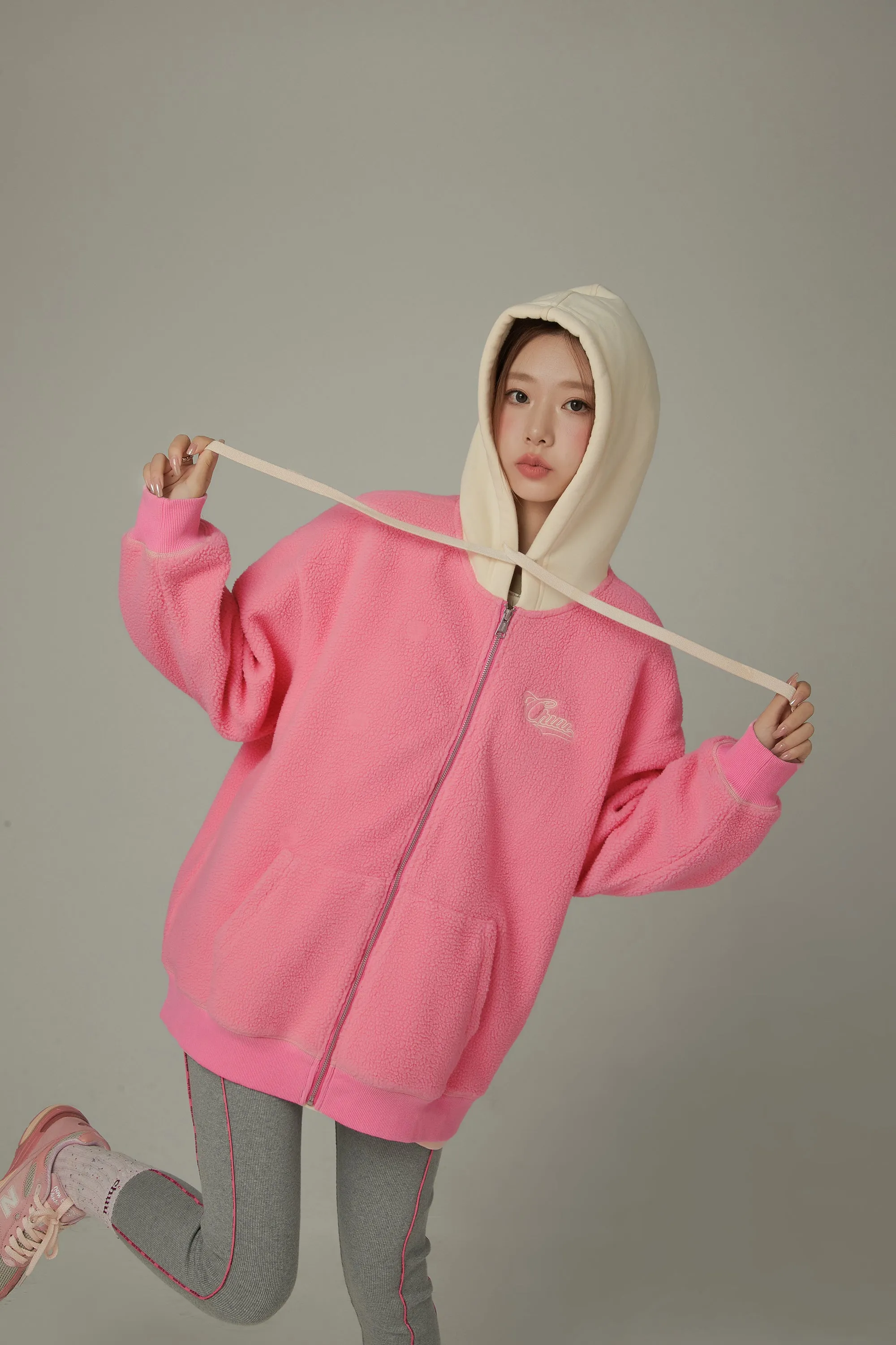 Fleece Color Combination Hooded Zip-Up