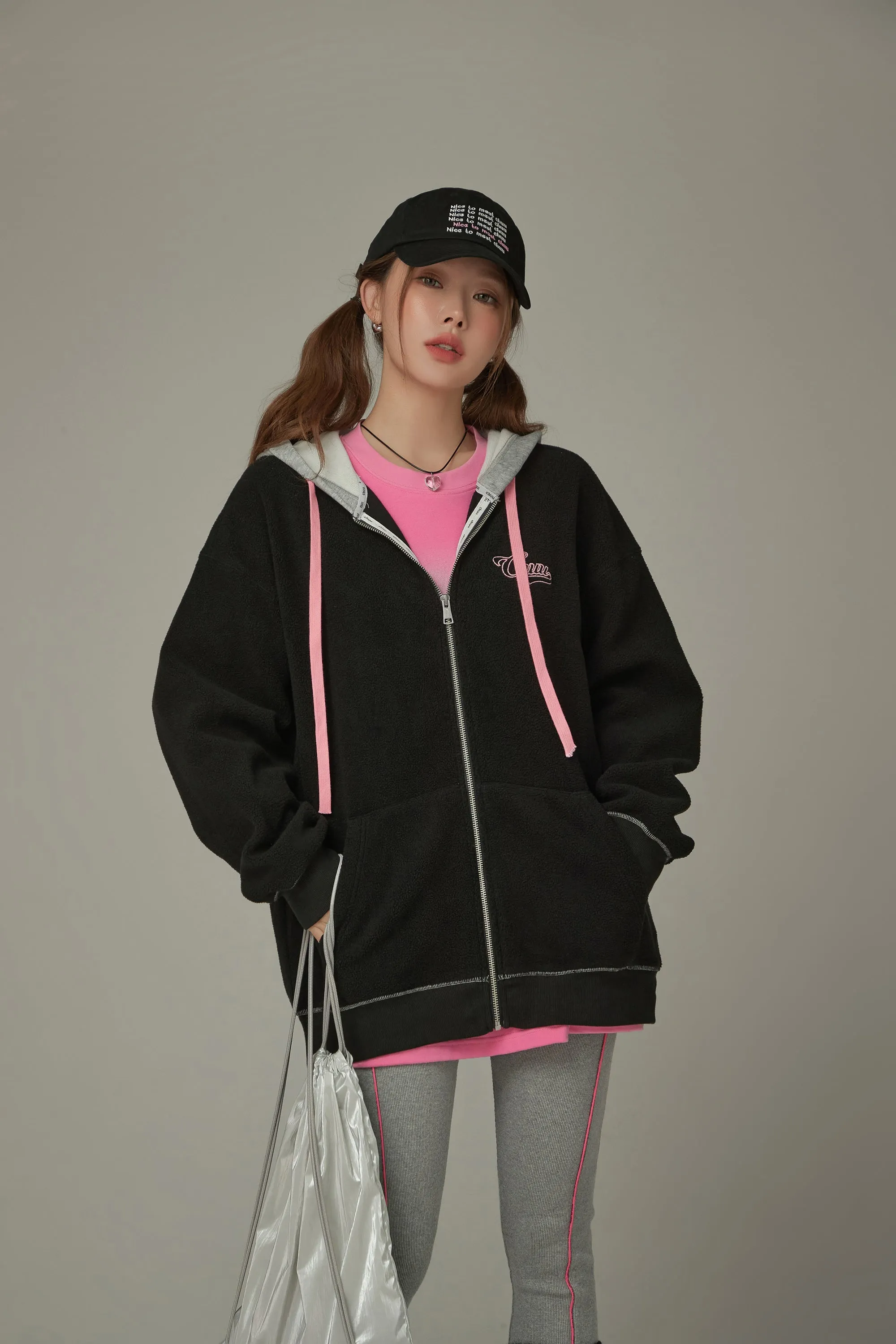 Fleece Color Combination Hooded Zip-Up