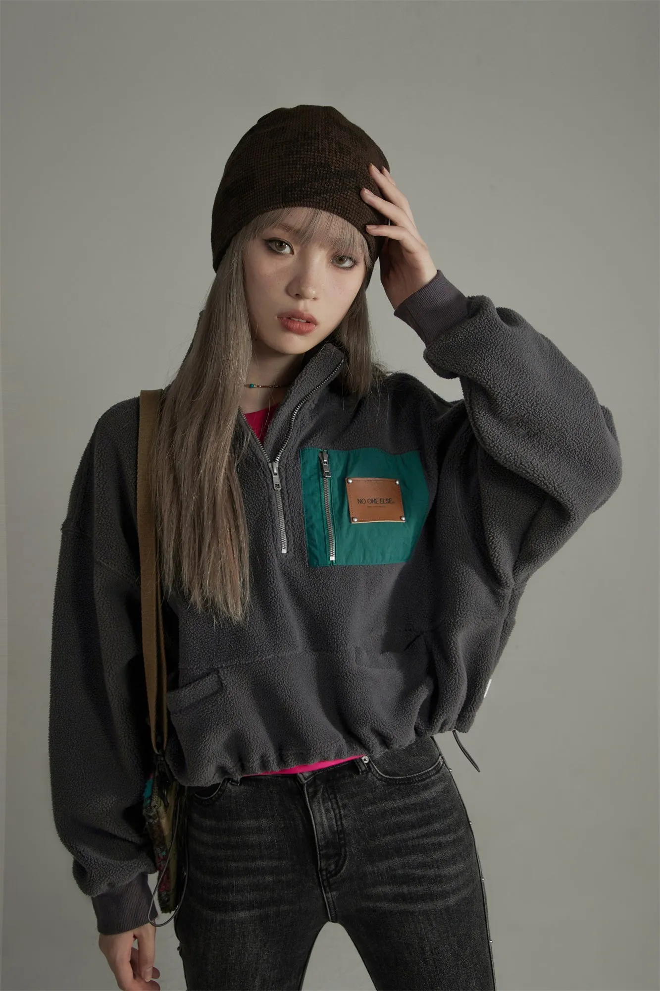 Fleece Crop Half Zip-Up Sweatshirt