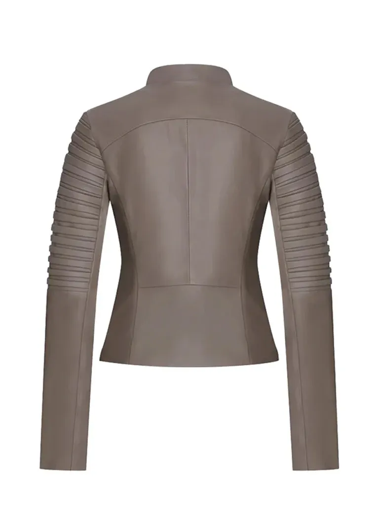 Grey Round Shape Genuine Leather Jacket