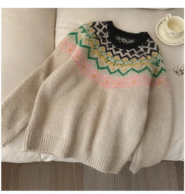 jacquard round neck sweater for women fashionable long-sleeved sweater     S4801