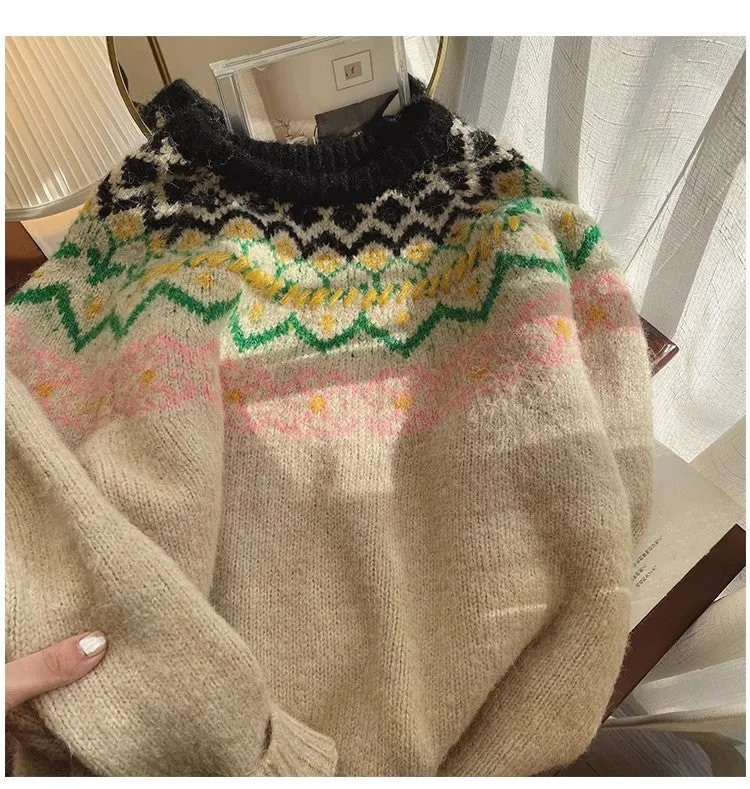 jacquard round neck sweater for women fashionable long-sleeved sweater     S4801