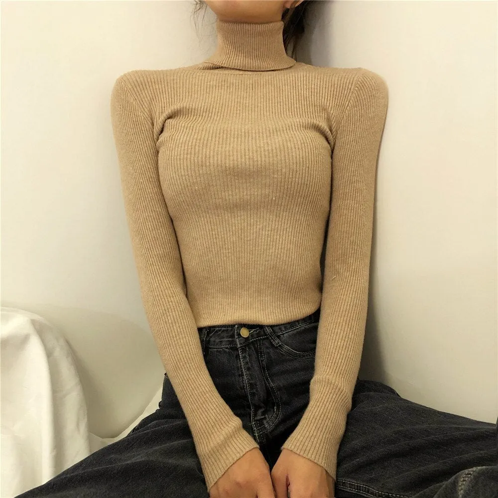 Joskaa Stretch Turtleneck Sweaters Women Pullover New Clothes Women Fashion 2024 Spring Solid Knit Sweaters Korean Top Striped Shirt