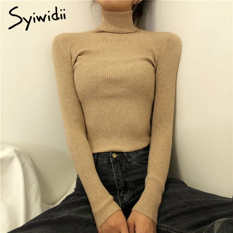 Joskaa Stretch Turtleneck Sweaters Women Pullover New Clothes Women Fashion 2024 Spring Solid Knit Sweaters Korean Top Striped Shirt