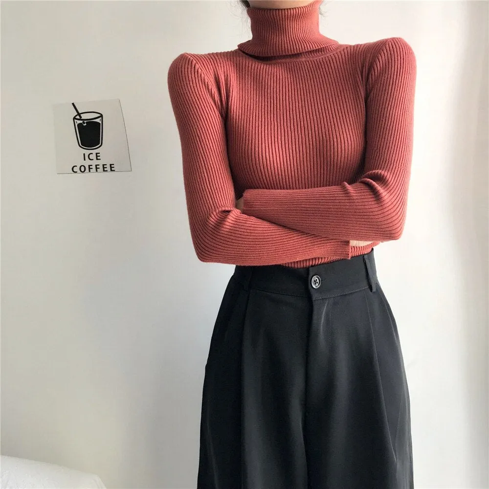 Joskaa Stretch Turtleneck Sweaters Women Pullover New Clothes Women Fashion 2024 Spring Solid Knit Sweaters Korean Top Striped Shirt