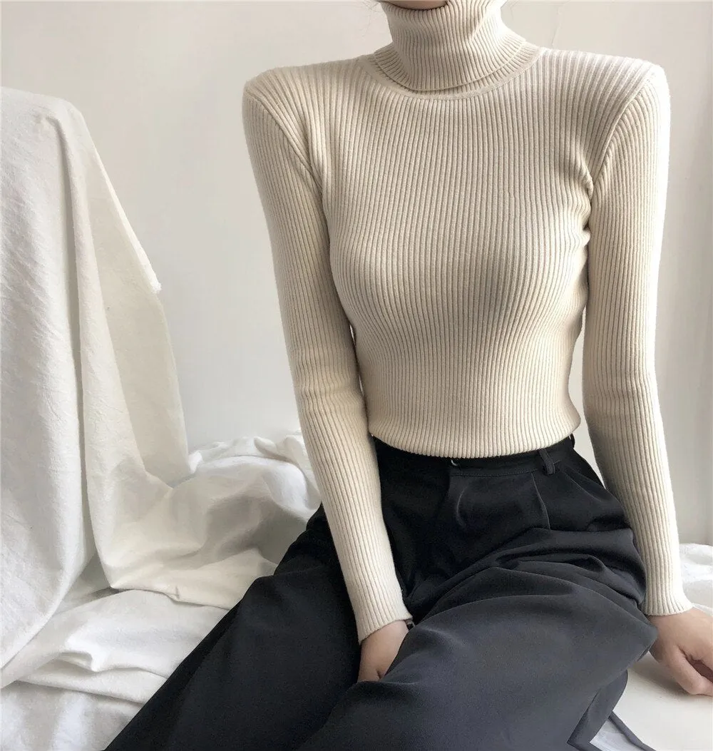 Joskaa Stretch Turtleneck Sweaters Women Pullover New Clothes Women Fashion 2024 Spring Solid Knit Sweaters Korean Top Striped Shirt