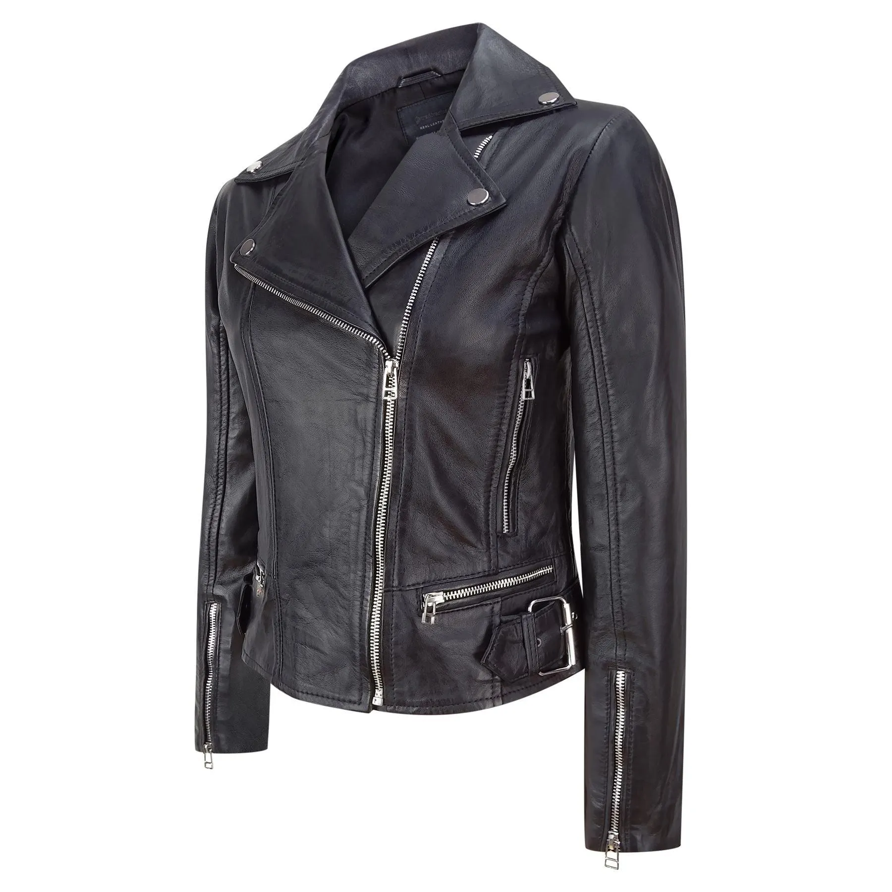 Ladies Women Genuine Real Leather Slim Fit Black Biker Jacket