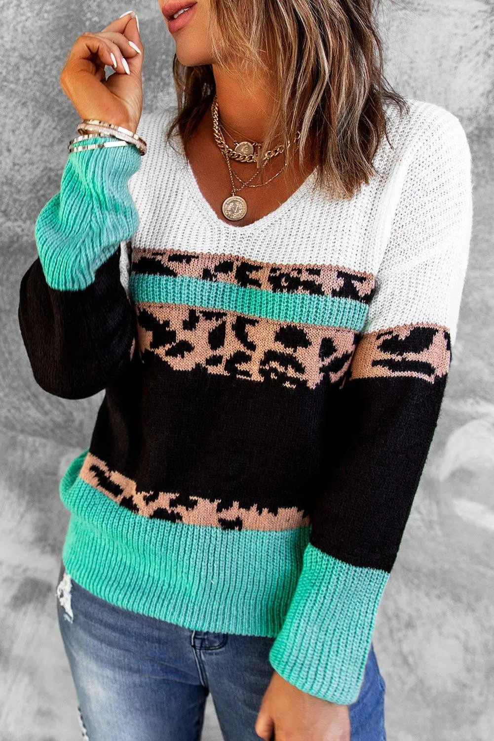 Leopard Color Block V Neck Sweater