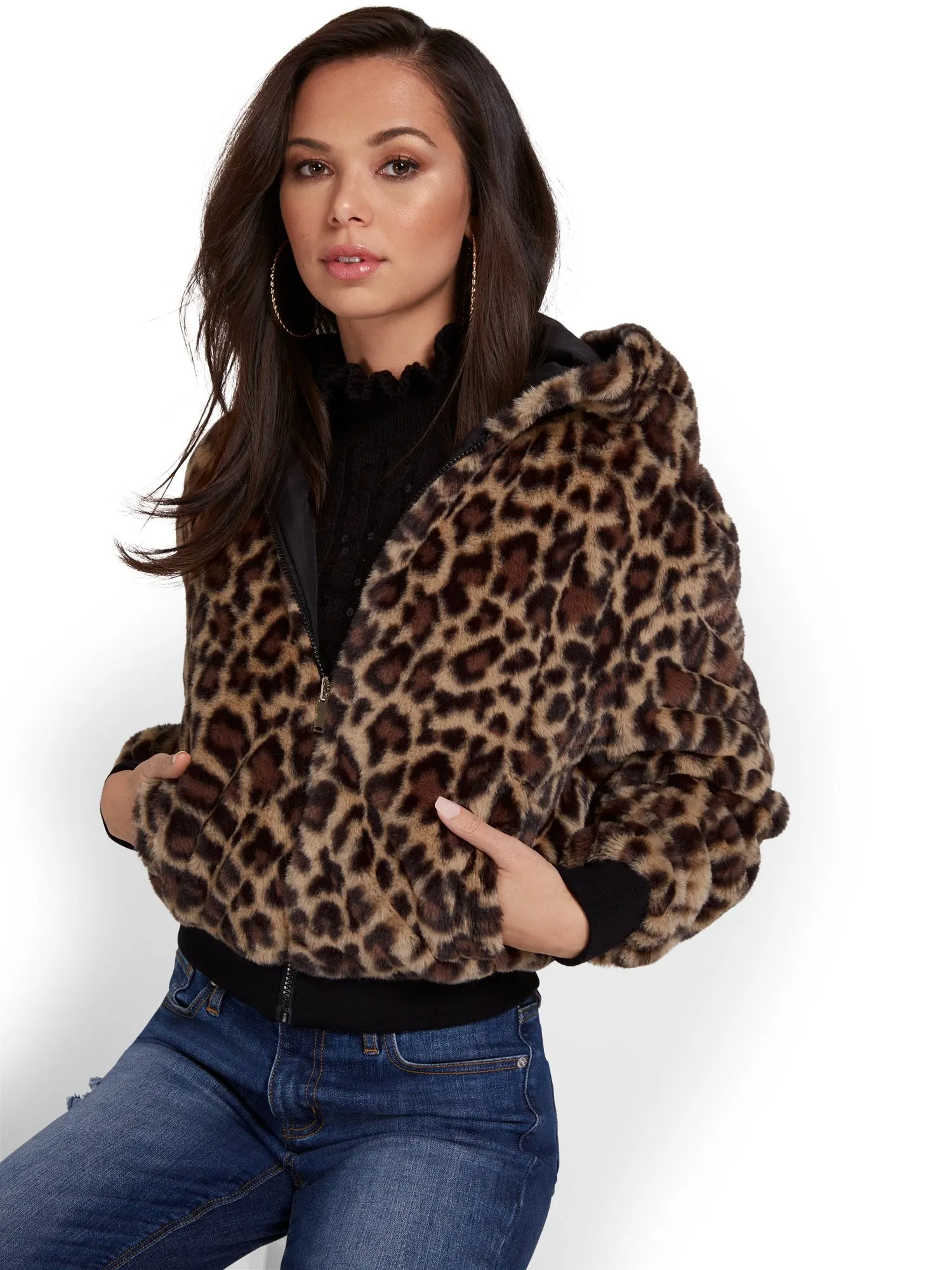 Leopard-Print Reversible Hooded Faux-Fur Jacket