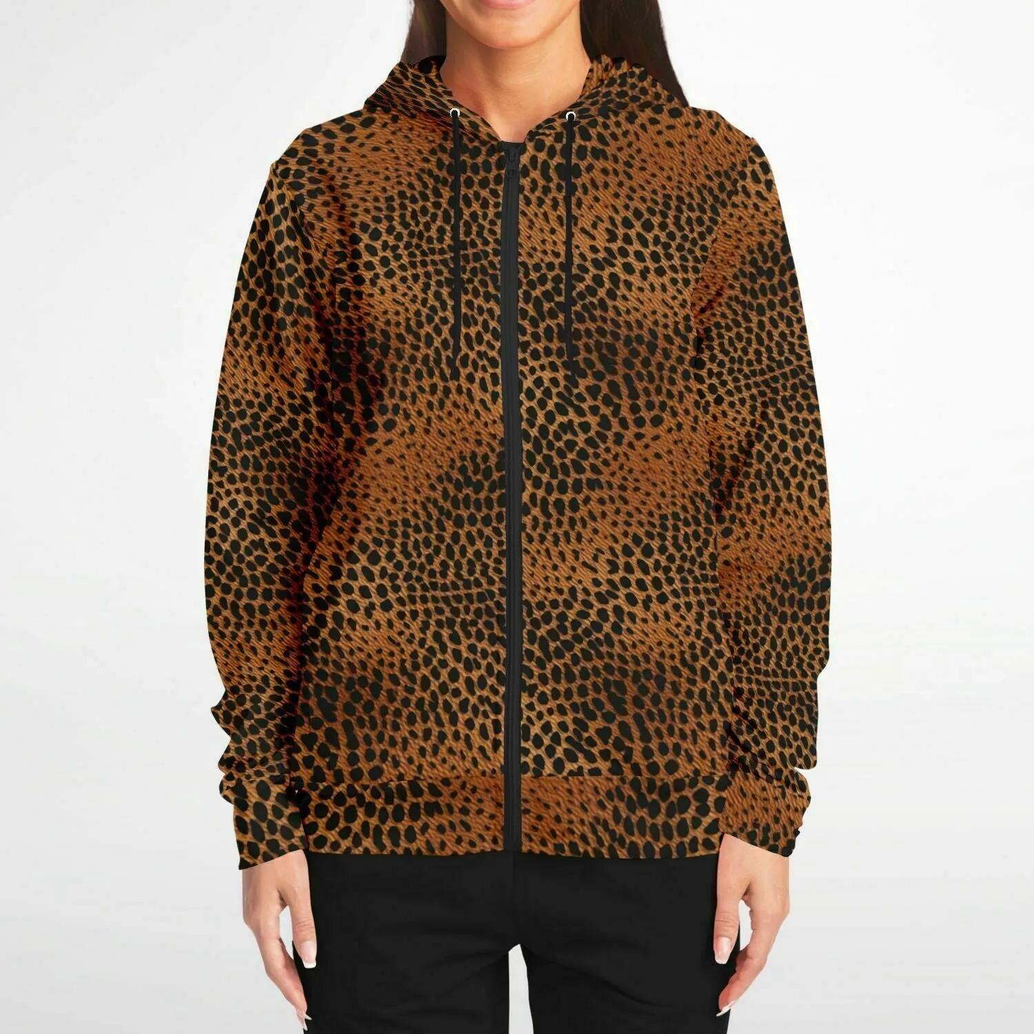 Leopard Print Zip Up Hoodie, Animal Cheetah Full Zipper Pocket Men Women Unisex Adult Aesthetic Graphic Cotton Fleece Hooded Sweatshirt