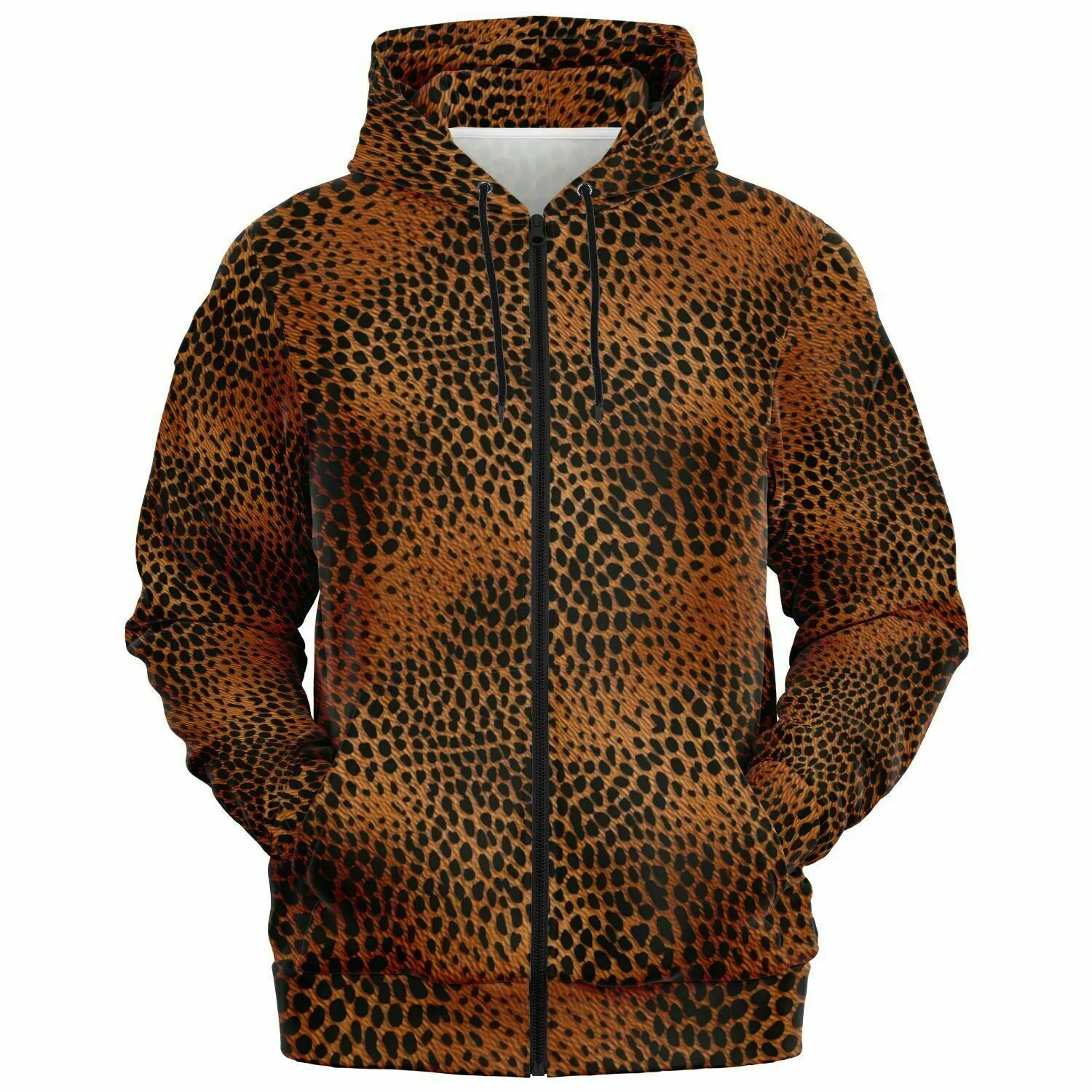 Leopard Print Zip Up Hoodie, Animal Cheetah Full Zipper Pocket Men Women Unisex Adult Aesthetic Graphic Cotton Fleece Hooded Sweatshirt