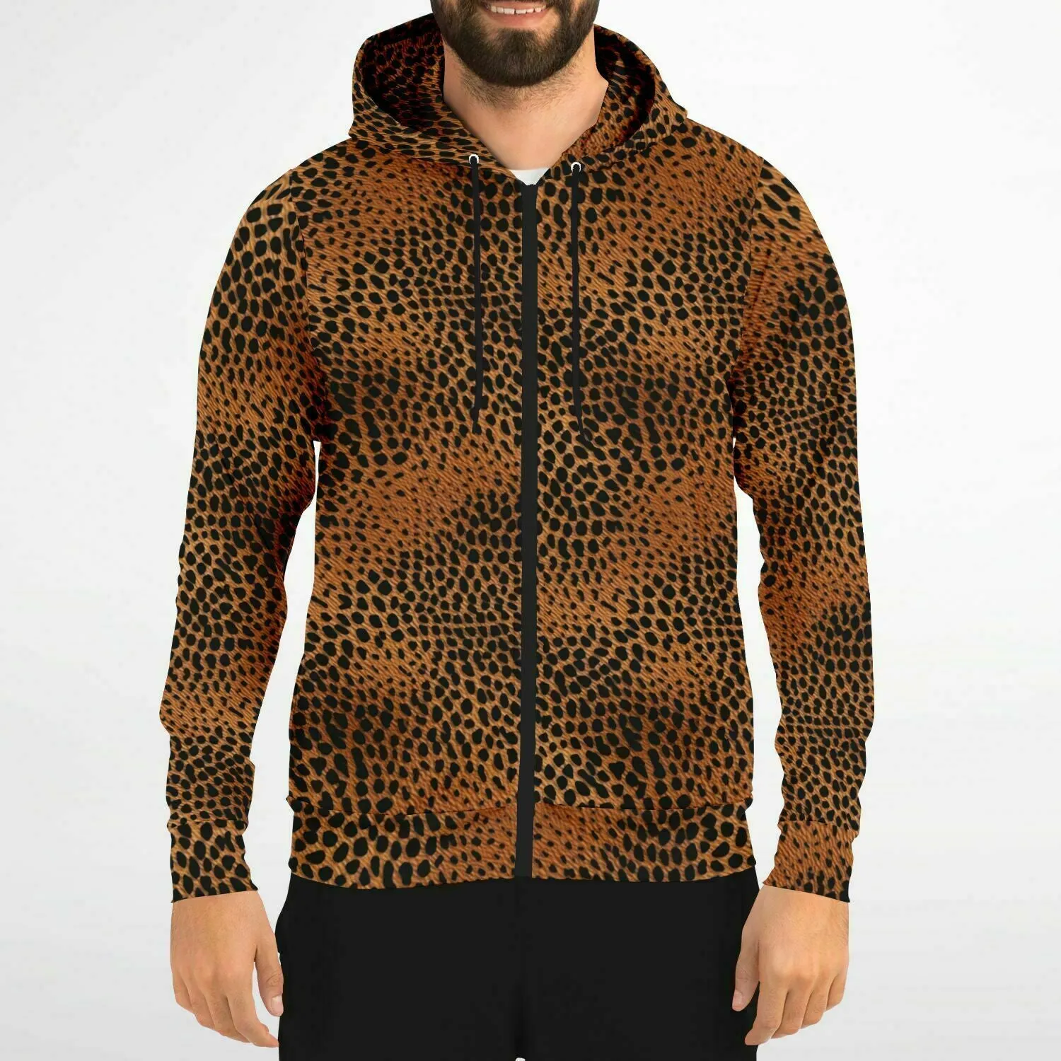 Leopard Print Zip Up Hoodie, Animal Cheetah Full Zipper Pocket Men Women Unisex Adult Aesthetic Graphic Cotton Fleece Hooded Sweatshirt