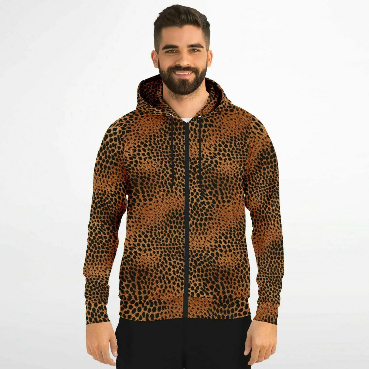 Leopard Print Zip Up Hoodie, Animal Cheetah Full Zipper Pocket Men Women Unisex Adult Aesthetic Graphic Cotton Fleece Hooded Sweatshirt