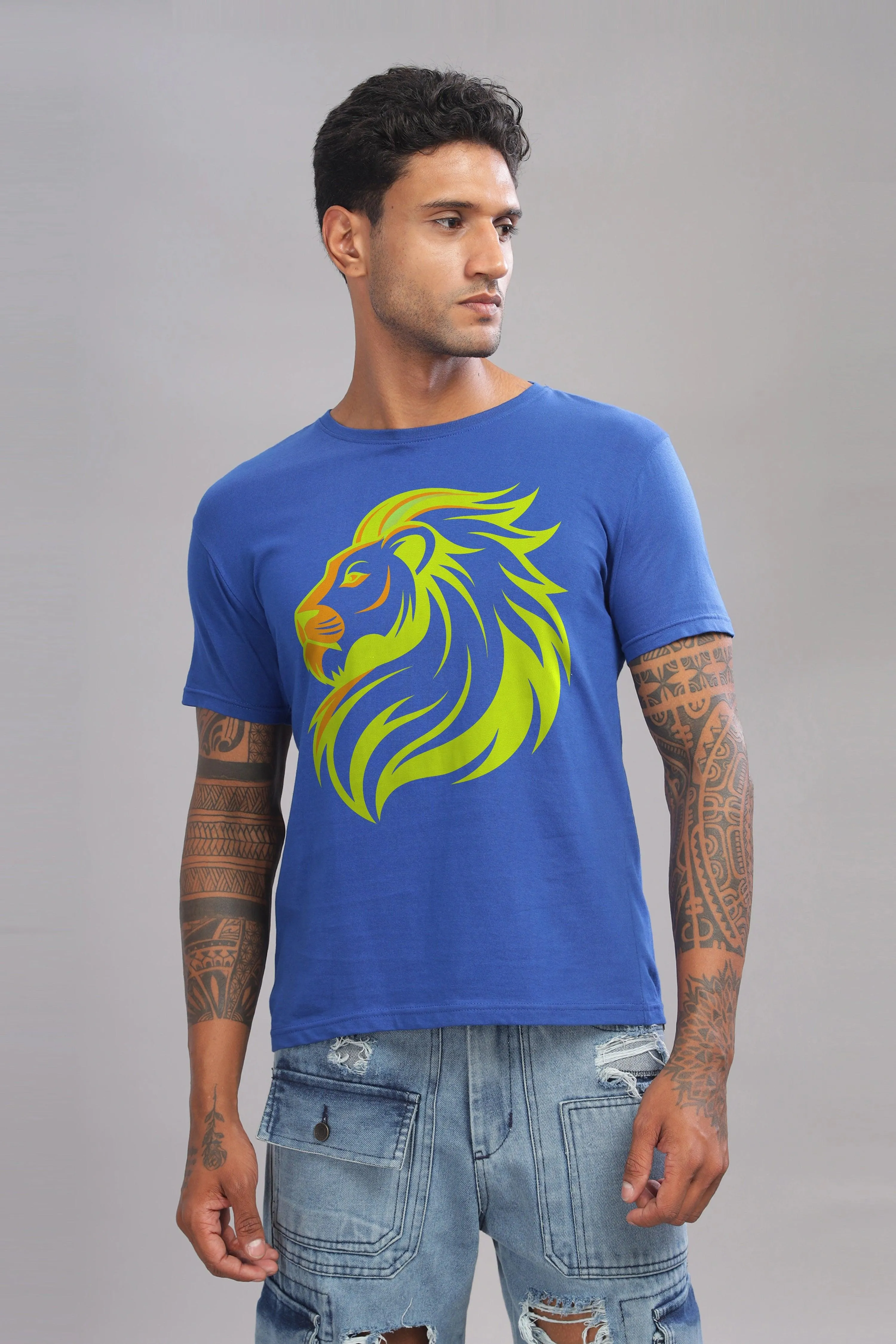 Lucky Leo Royal Blue Half Sleeve Printed Round Neck T-Shirt