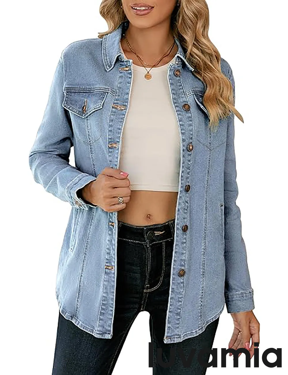 luvamia 2023 Jean Jackets for Women Fashion Denim Jacket Western Oversized Fall Shacket Jacket Button Up with Pockets