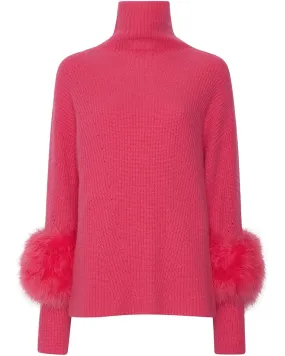 Magenta Ribbed Cashmere Feather Turtleneck Sweater