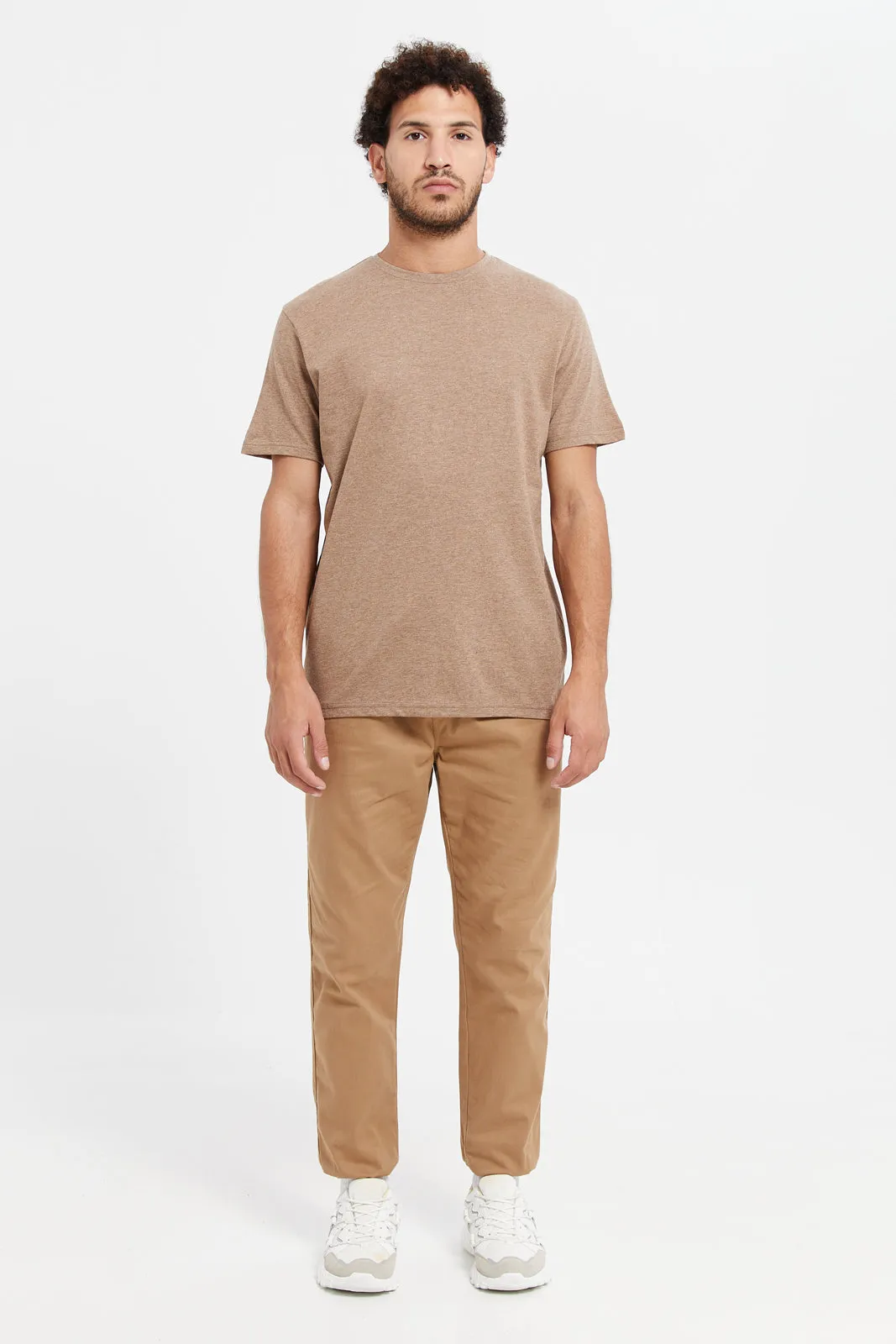 Men Brown Plain Round Neck T-Shirt