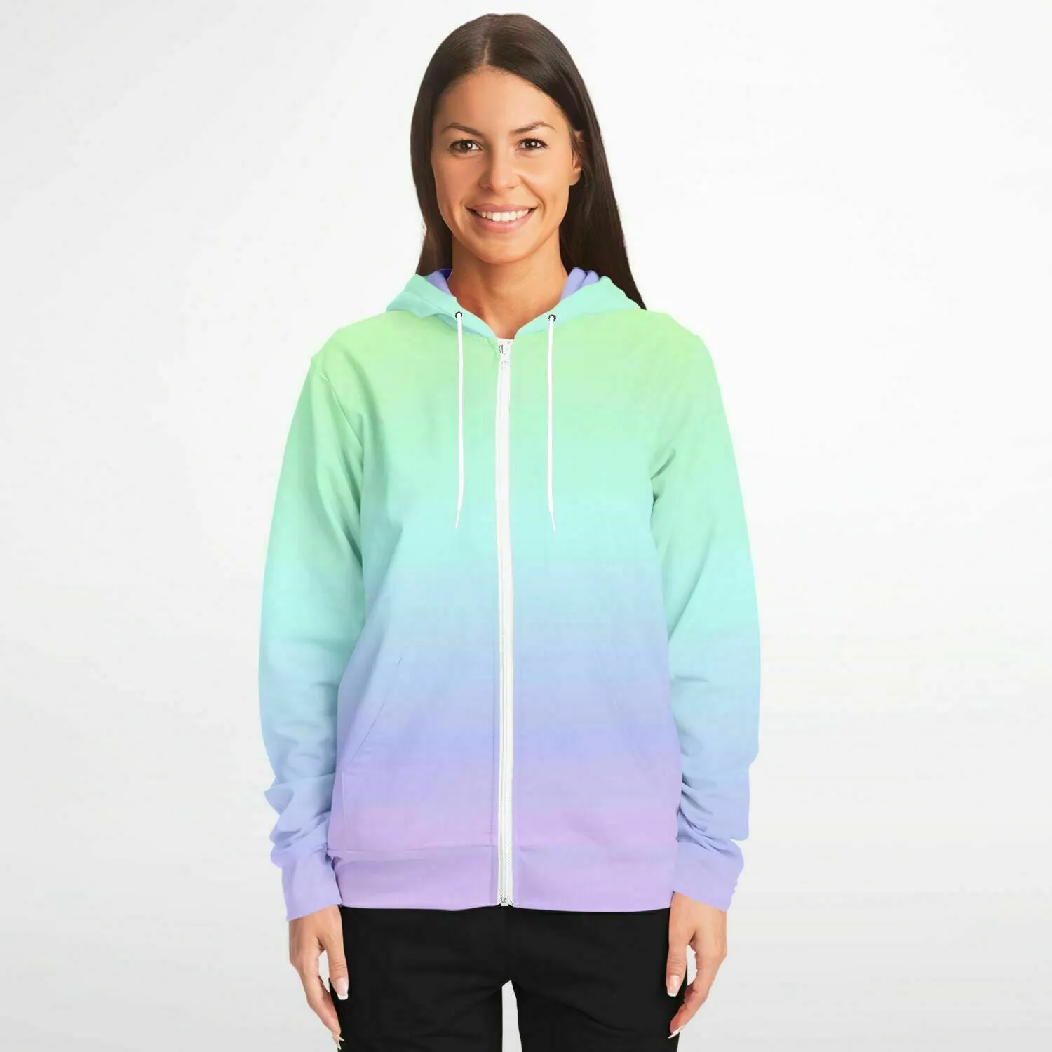 Pastel Rainbow Zipper Hoodie, Tie Dye Hooded Sweatshirt Kawaii Goth Pink Purple Printed Ombre Colorful Cotton Pocket Zip Up Hoodie