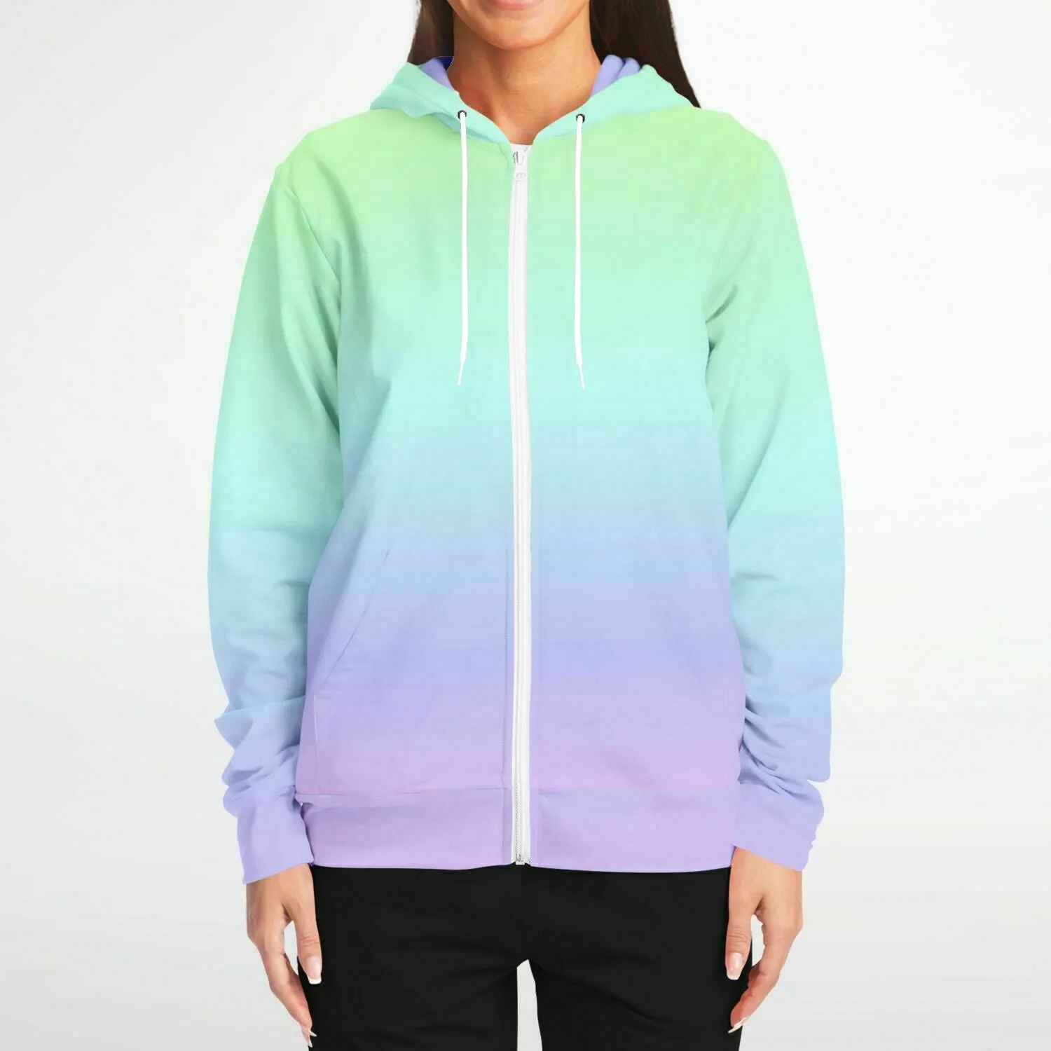 Pastel Rainbow Zipper Hoodie, Tie Dye Hooded Sweatshirt Kawaii Goth Pink Purple Printed Ombre Colorful Cotton Pocket Zip Up Hoodie