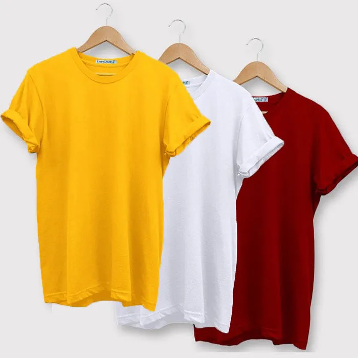 Round Neck Combo " Yellow, White, & Maroon" Half sleeves t shirt . (Pack Of 3) by LazyChunks