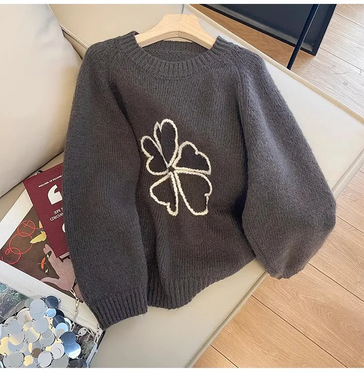 Sweet embroidered round neck sweater for women     S4878