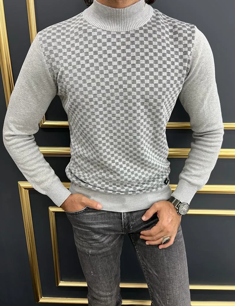 Thread Slim Fit Custom Design Half Collared Textured Plaid Grey Turtleneck