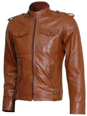 Two Pocket Tan Brown Biker Leather Jacket