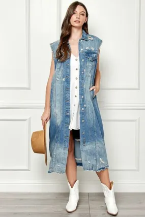 Veveret Distressed Sleeveless Longline Denim Jacket