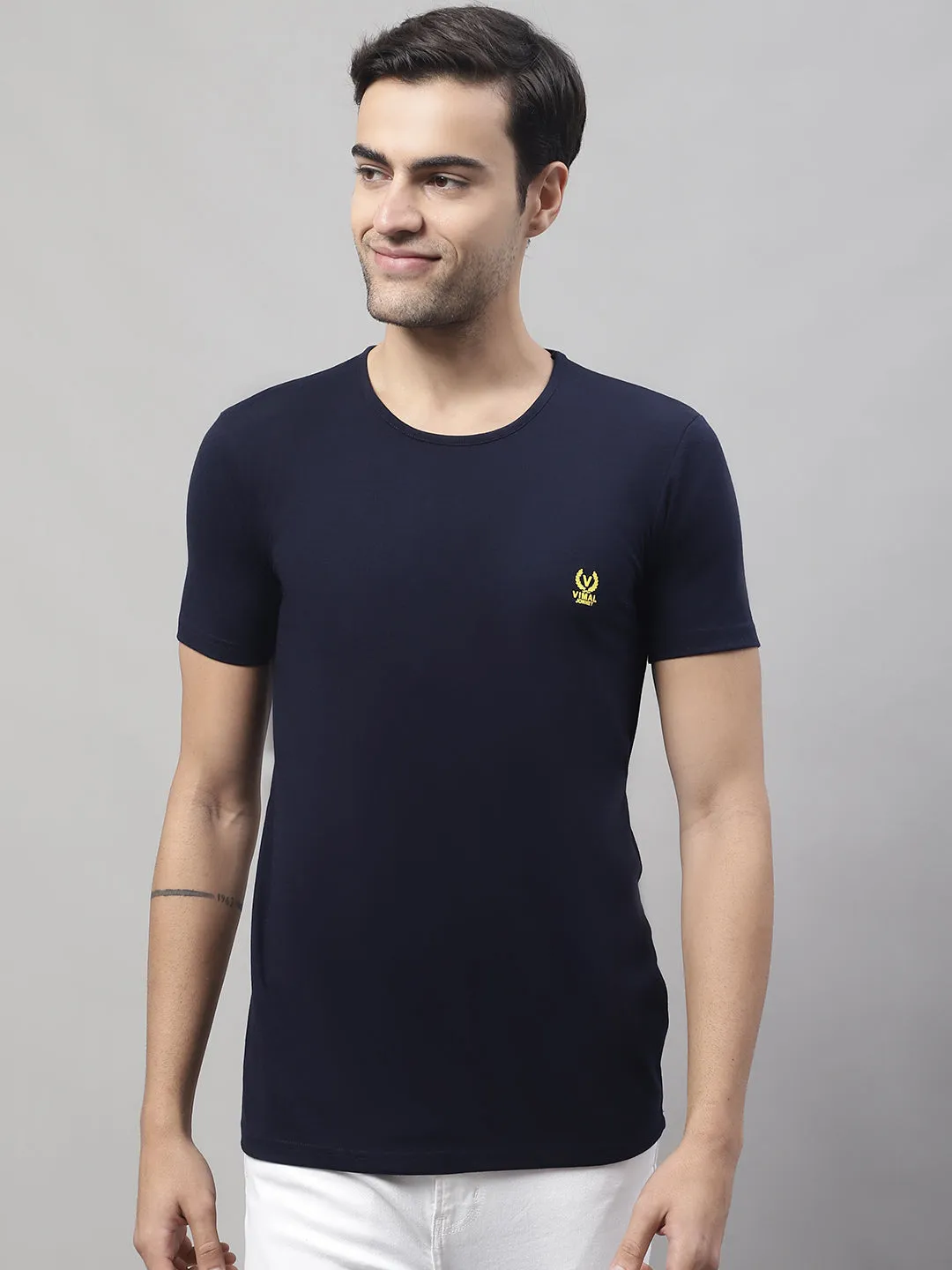 Vimal Jonney Round Neck Cotton Solid Navy Blue T-Shirt for Men