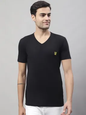 Vimal Jonney V Neck Cotton Solid Black T-Shirt for Men